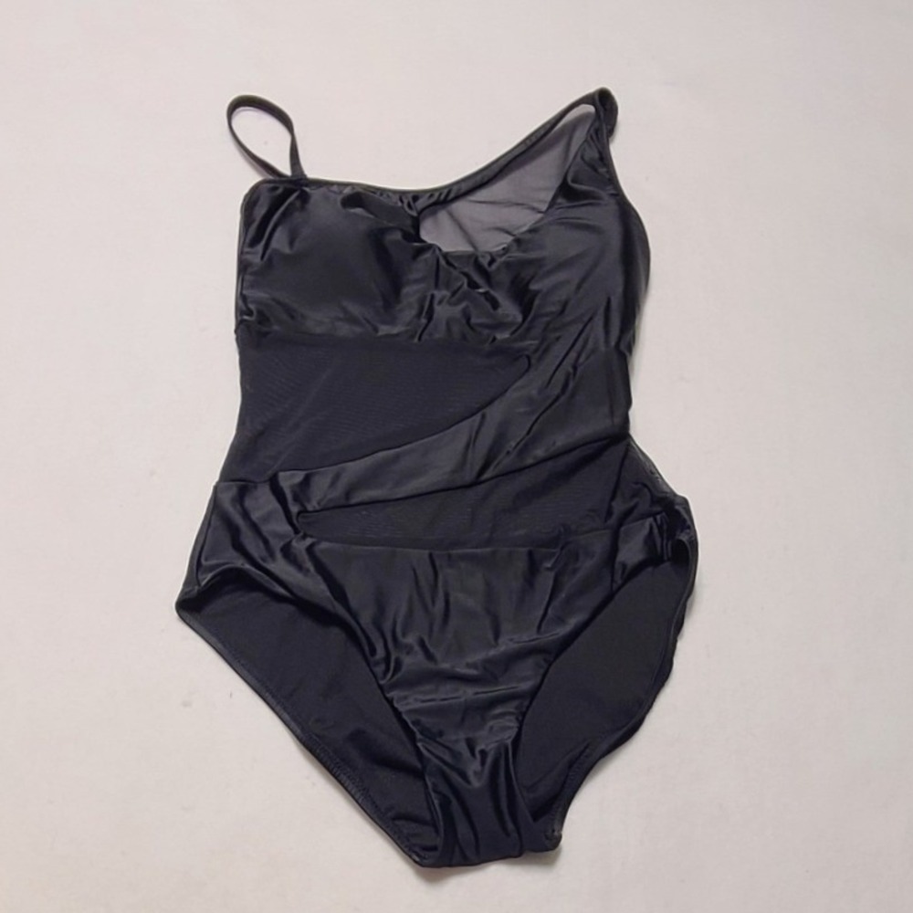 Bar III Womens Asymmetrical Mesh Cutout One Piece Swimsuit Black Small